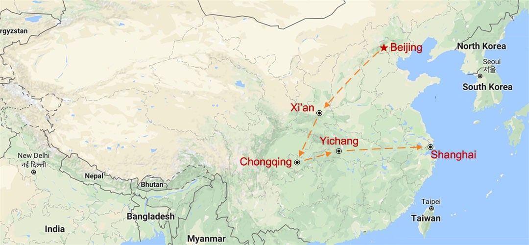 Croisière sur le Yangtsé et Triangle d'or de Chine Map