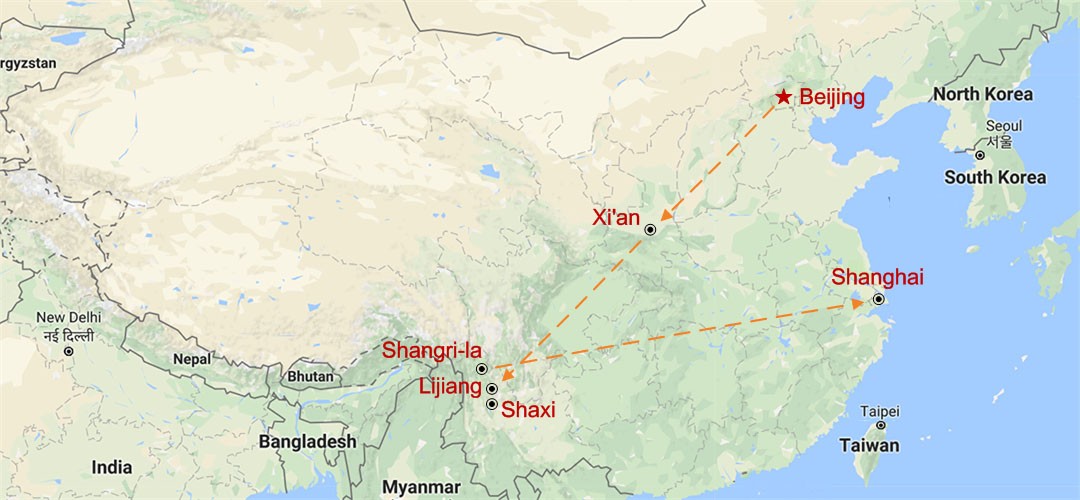 Yunnan Highlights und Goldenes Dreieck Tour Map